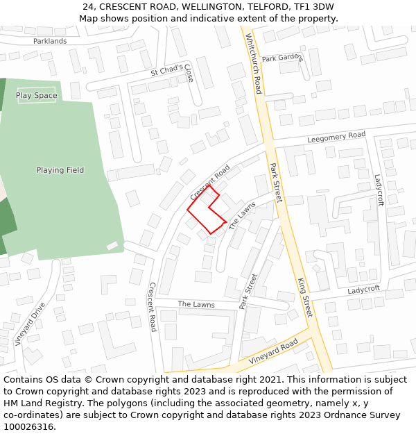24, CRESCENT ROAD, WELLINGTON, TELFORD, TF1 3DW: Location map and indicative extent of plot