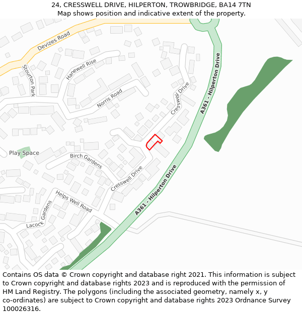 24, CRESSWELL DRIVE, HILPERTON, TROWBRIDGE, BA14 7TN: Location map and indicative extent of plot