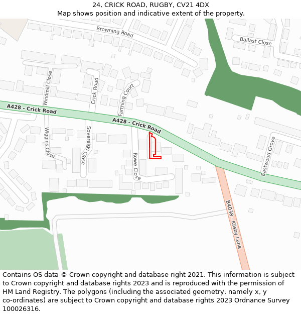 24, CRICK ROAD, RUGBY, CV21 4DX: Location map and indicative extent of plot