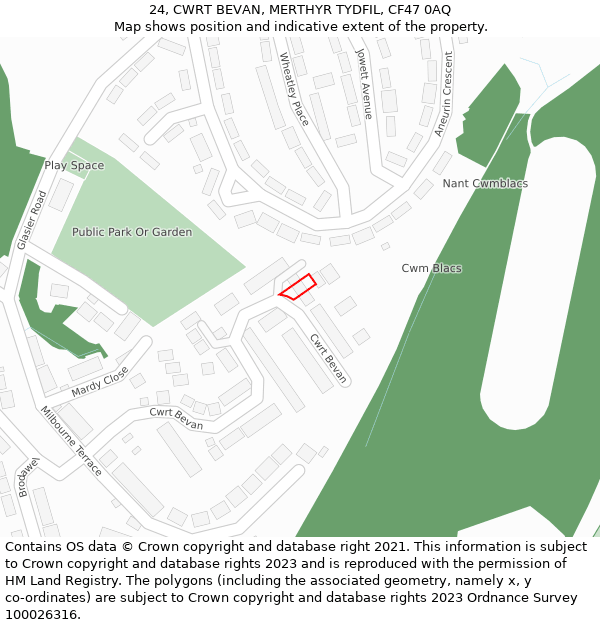 24, CWRT BEVAN, MERTHYR TYDFIL, CF47 0AQ: Location map and indicative extent of plot