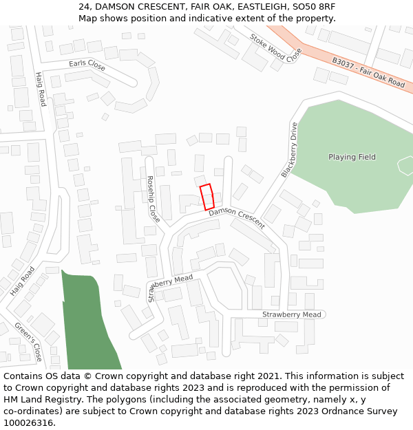 24, DAMSON CRESCENT, FAIR OAK, EASTLEIGH, SO50 8RF: Location map and indicative extent of plot