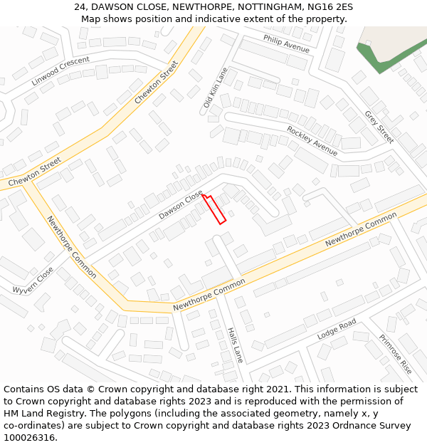 24, DAWSON CLOSE, NEWTHORPE, NOTTINGHAM, NG16 2ES: Location map and indicative extent of plot