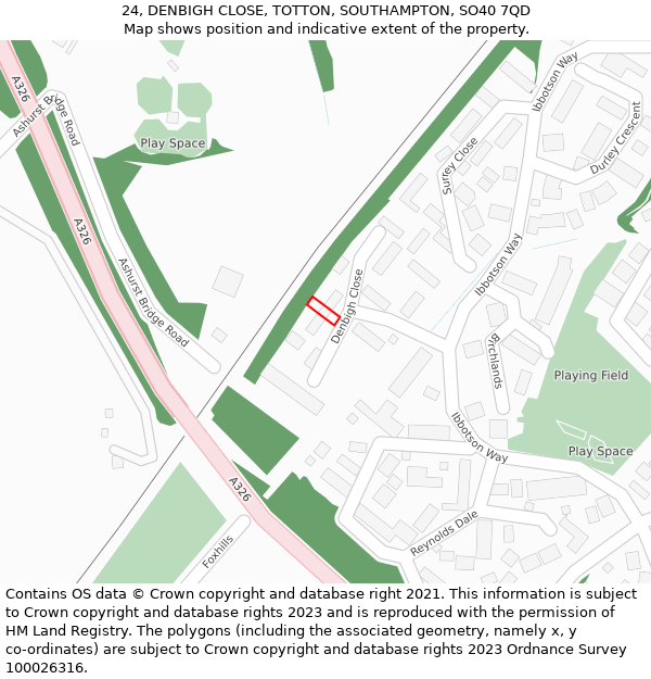 24, DENBIGH CLOSE, TOTTON, SOUTHAMPTON, SO40 7QD: Location map and indicative extent of plot