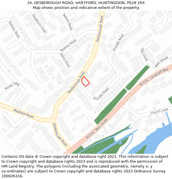 24, DESBOROUGH ROAD, HARTFORD, HUNTINGDON, PE29 1RX: Location map and indicative extent of plot