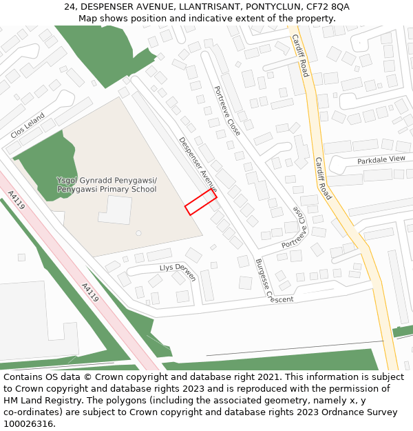 24, DESPENSER AVENUE, LLANTRISANT, PONTYCLUN, CF72 8QA: Location map and indicative extent of plot