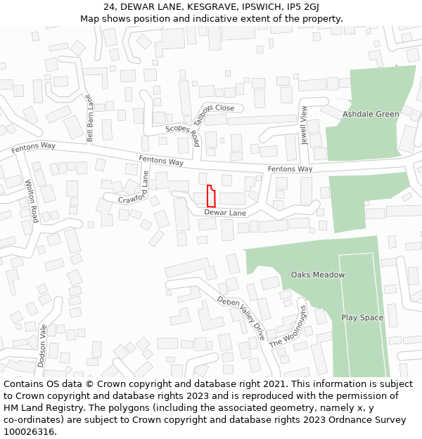 24, DEWAR LANE, KESGRAVE, IPSWICH, IP5 2GJ: Location map and indicative extent of plot