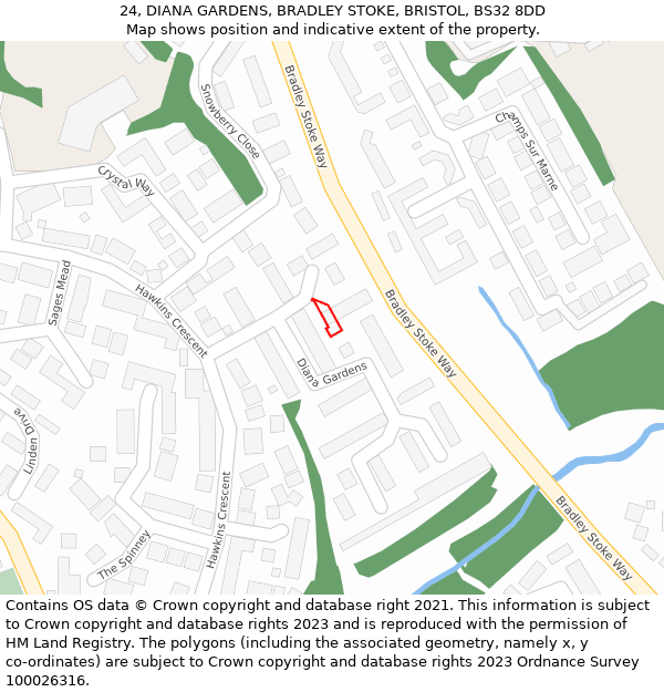 24, DIANA GARDENS, BRADLEY STOKE, BRISTOL, BS32 8DD: Location map and indicative extent of plot