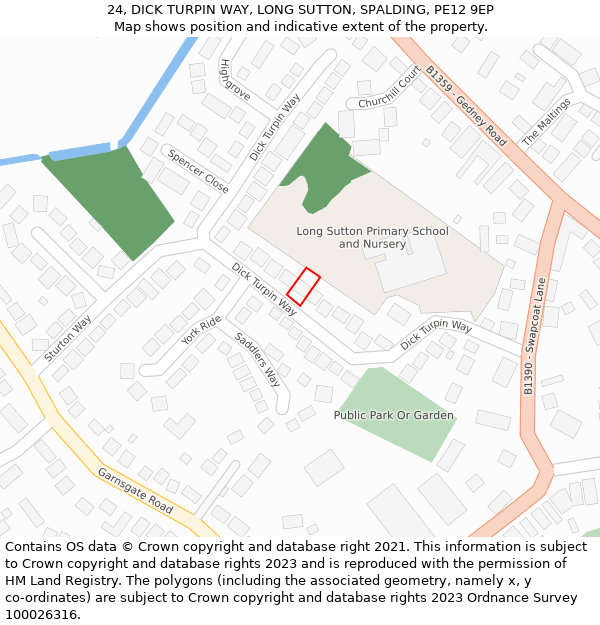 24, DICK TURPIN WAY, LONG SUTTON, SPALDING, PE12 9EP: Location map and indicative extent of plot