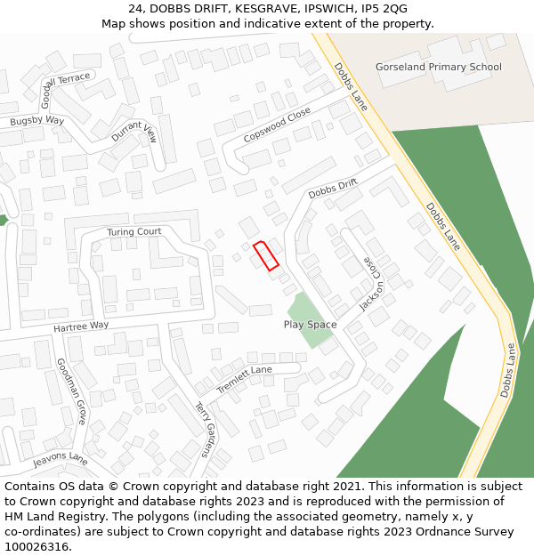 24, DOBBS DRIFT, KESGRAVE, IPSWICH, IP5 2QG: Location map and indicative extent of plot