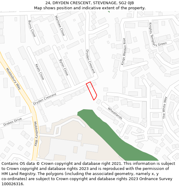 24, DRYDEN CRESCENT, STEVENAGE, SG2 0JB: Location map and indicative extent of plot