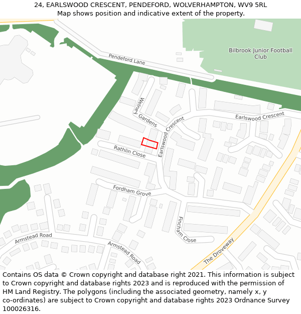 24, EARLSWOOD CRESCENT, PENDEFORD, WOLVERHAMPTON, WV9 5RL: Location map and indicative extent of plot