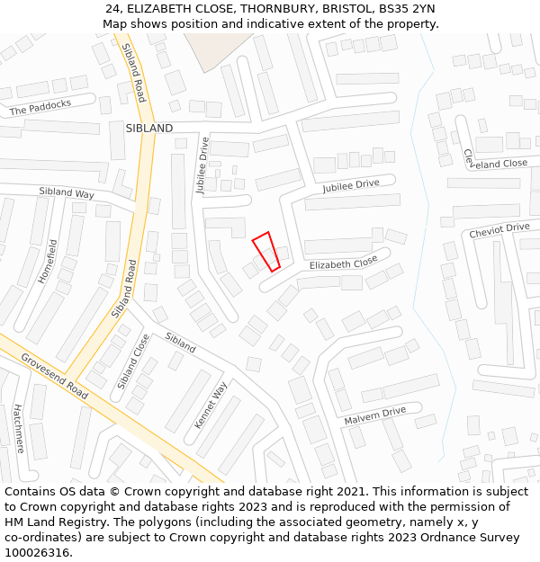 24, ELIZABETH CLOSE, THORNBURY, BRISTOL, BS35 2YN: Location map and indicative extent of plot