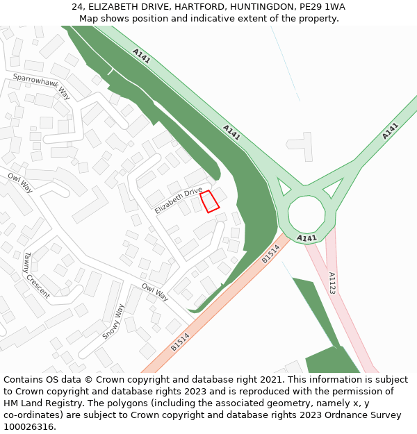 24, ELIZABETH DRIVE, HARTFORD, HUNTINGDON, PE29 1WA: Location map and indicative extent of plot