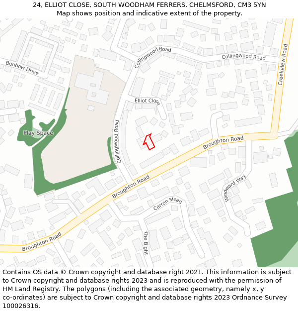 24, ELLIOT CLOSE, SOUTH WOODHAM FERRERS, CHELMSFORD, CM3 5YN: Location map and indicative extent of plot