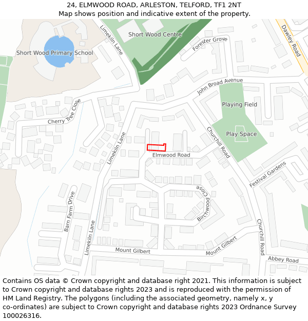 24, ELMWOOD ROAD, ARLESTON, TELFORD, TF1 2NT: Location map and indicative extent of plot