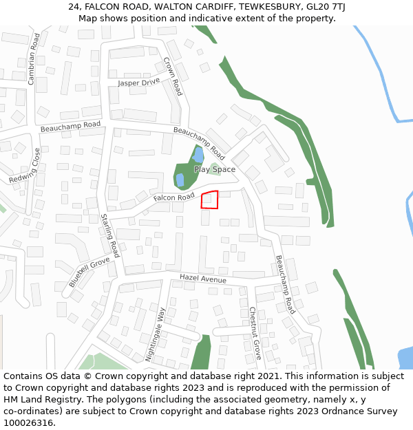 24, FALCON ROAD, WALTON CARDIFF, TEWKESBURY, GL20 7TJ: Location map and indicative extent of plot