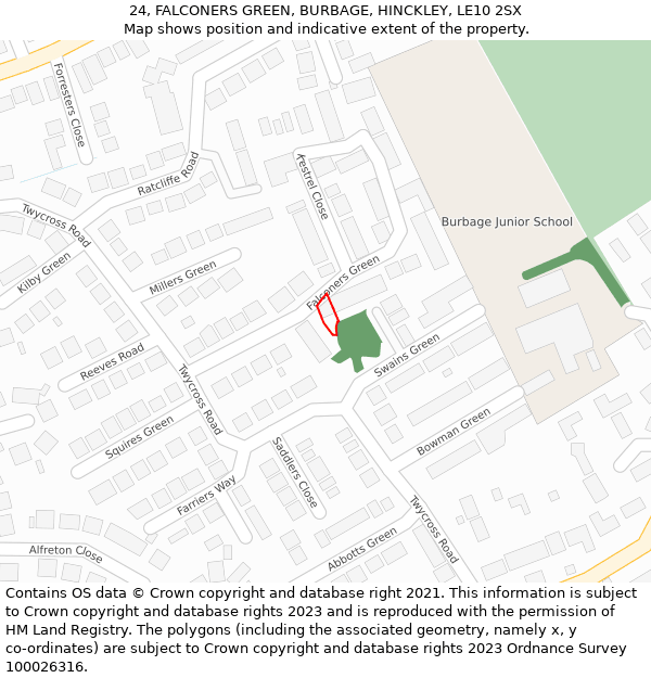 24, FALCONERS GREEN, BURBAGE, HINCKLEY, LE10 2SX: Location map and indicative extent of plot