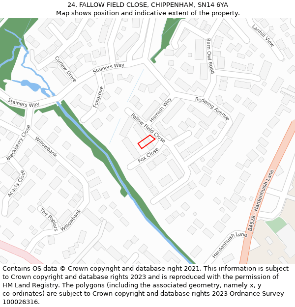 24, FALLOW FIELD CLOSE, CHIPPENHAM, SN14 6YA: Location map and indicative extent of plot