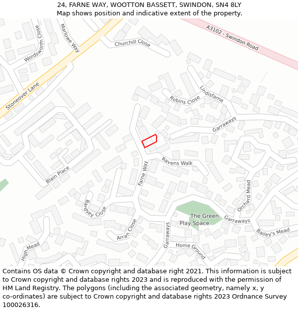 24, FARNE WAY, WOOTTON BASSETT, SWINDON, SN4 8LY: Location map and indicative extent of plot