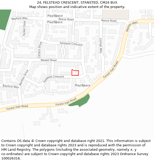 24, FELSTEAD CRESCENT, STANSTED, CM24 8UX: Location map and indicative extent of plot