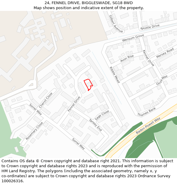 24, FENNEL DRIVE, BIGGLESWADE, SG18 8WD: Location map and indicative extent of plot