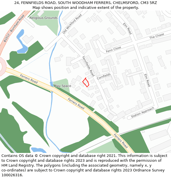 24, FENNFIELDS ROAD, SOUTH WOODHAM FERRERS, CHELMSFORD, CM3 5RZ: Location map and indicative extent of plot