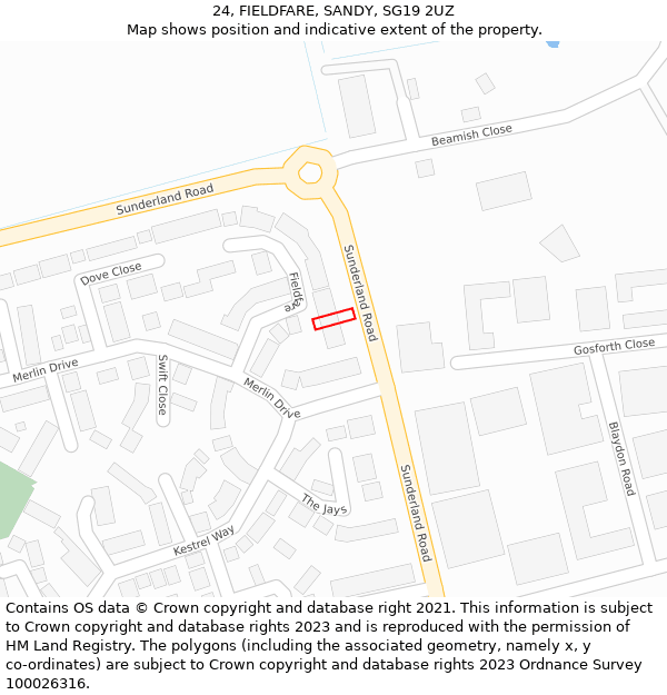 24, FIELDFARE, SANDY, SG19 2UZ: Location map and indicative extent of plot