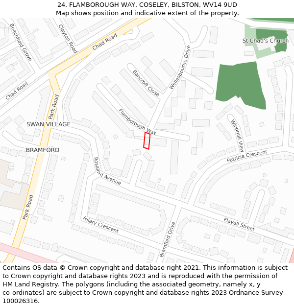 24, FLAMBOROUGH WAY, COSELEY, BILSTON, WV14 9UD: Location map and indicative extent of plot