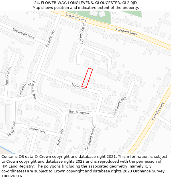 24, FLOWER WAY, LONGLEVENS, GLOUCESTER, GL2 9JD: Location map and indicative extent of plot