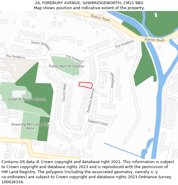 24, FOREBURY AVENUE, SAWBRIDGEWORTH, CM21 9BG: Location map and indicative extent of plot