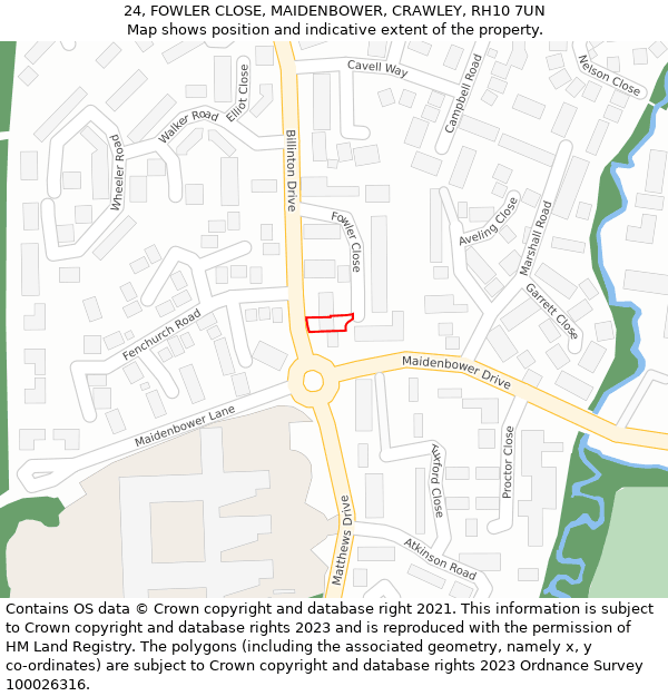 24, FOWLER CLOSE, MAIDENBOWER, CRAWLEY, RH10 7UN: Location map and indicative extent of plot