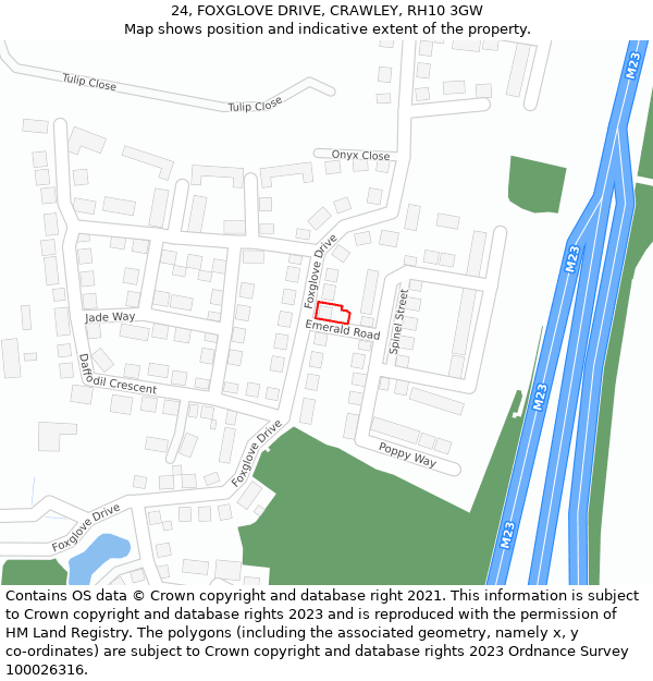 24, FOXGLOVE DRIVE, CRAWLEY, RH10 3GW: Location map and indicative extent of plot