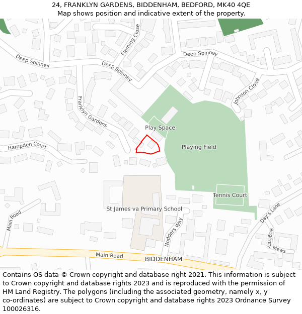 24, FRANKLYN GARDENS, BIDDENHAM, BEDFORD, MK40 4QE: Location map and indicative extent of plot