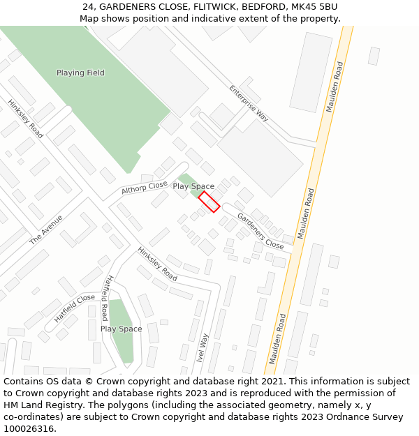 24, GARDENERS CLOSE, FLITWICK, BEDFORD, MK45 5BU: Location map and indicative extent of plot