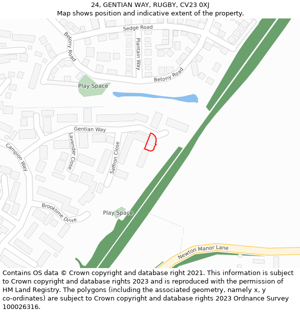 24, GENTIAN WAY, RUGBY, CV23 0XJ: Location map and indicative extent of plot