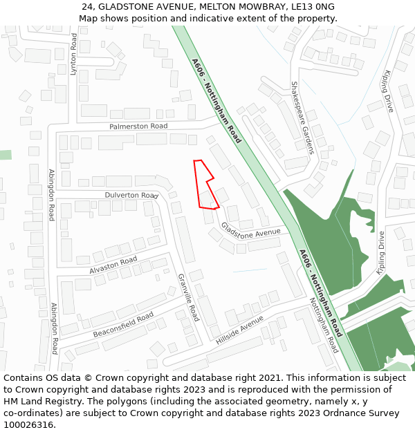 24, GLADSTONE AVENUE, MELTON MOWBRAY, LE13 0NG: Location map and indicative extent of plot