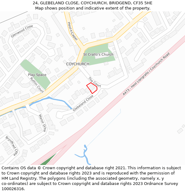 24, GLEBELAND CLOSE, COYCHURCH, BRIDGEND, CF35 5HE: Location map and indicative extent of plot