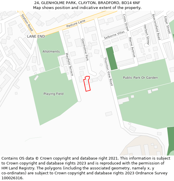 24, GLENHOLME PARK, CLAYTON, BRADFORD, BD14 6NF: Location map and indicative extent of plot