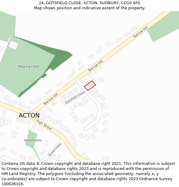 24, GOTSFIELD CLOSE, ACTON, SUDBURY, CO10 0AS: Location map and indicative extent of plot