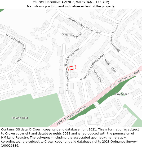 24, GOULBOURNE AVENUE, WREXHAM, LL13 9HQ: Location map and indicative extent of plot