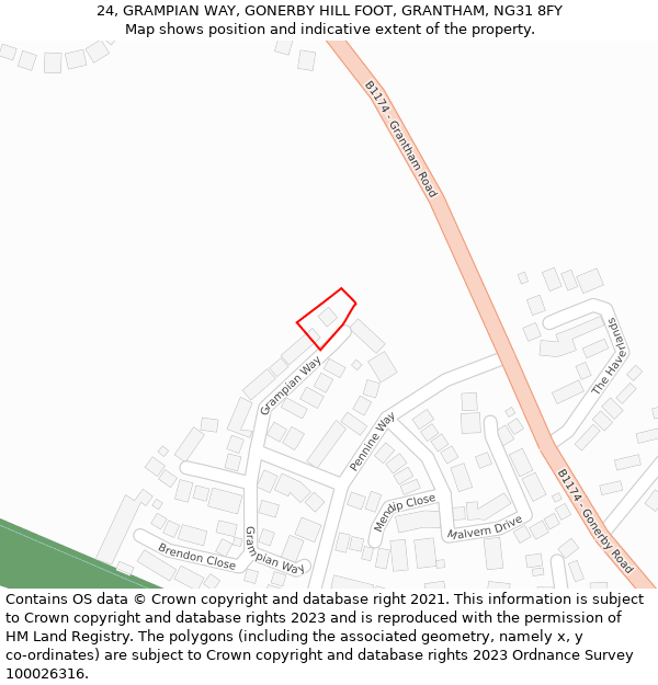 24, GRAMPIAN WAY, GONERBY HILL FOOT, GRANTHAM, NG31 8FY: Location map and indicative extent of plot