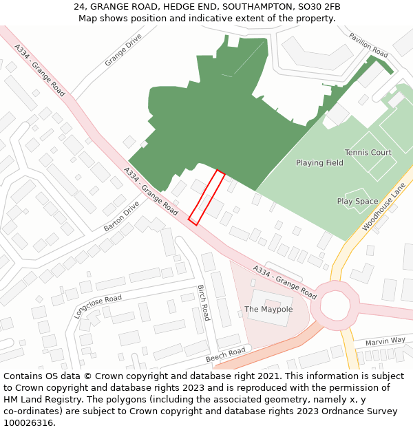 24, GRANGE ROAD, HEDGE END, SOUTHAMPTON, SO30 2FB: Location map and indicative extent of plot