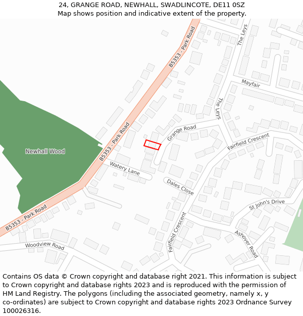 24, GRANGE ROAD, NEWHALL, SWADLINCOTE, DE11 0SZ: Location map and indicative extent of plot