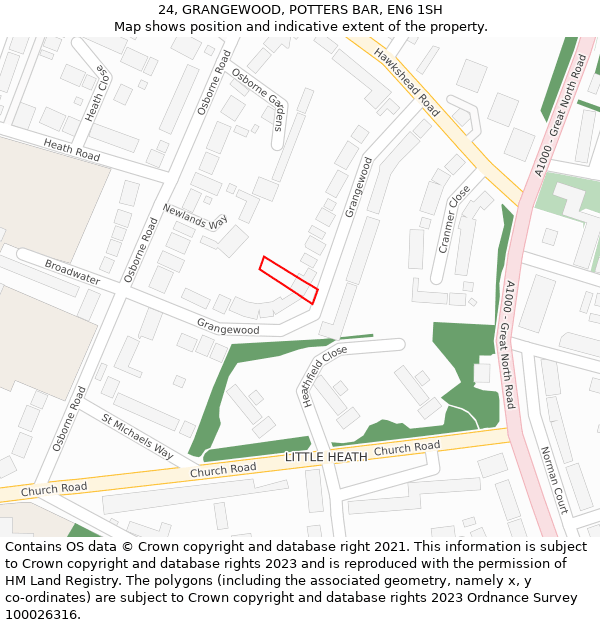 24, GRANGEWOOD, POTTERS BAR, EN6 1SH: Location map and indicative extent of plot