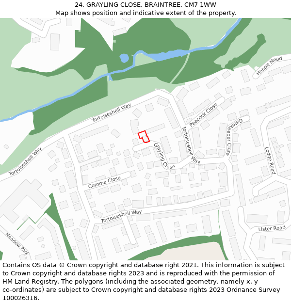 24, GRAYLING CLOSE, BRAINTREE, CM7 1WW: Location map and indicative extent of plot