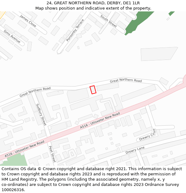 24, GREAT NORTHERN ROAD, DERBY, DE1 1LR: Location map and indicative extent of plot