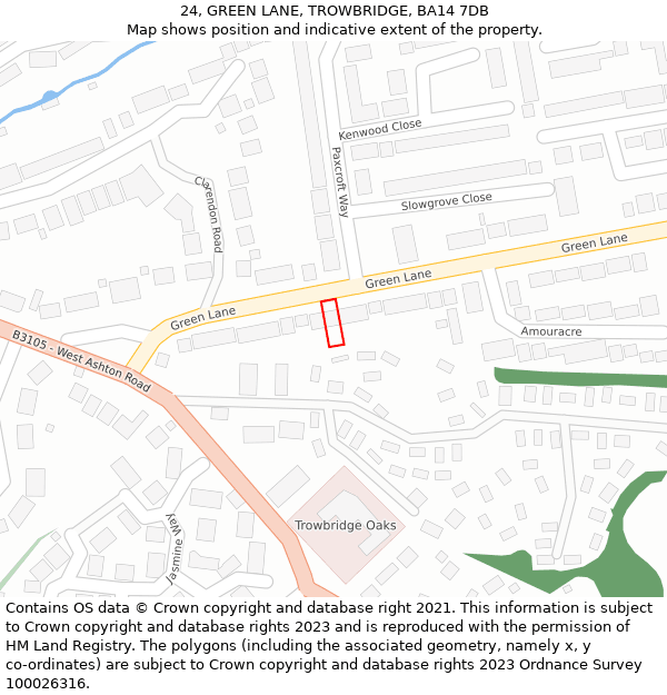 24, GREEN LANE, TROWBRIDGE, BA14 7DB: Location map and indicative extent of plot