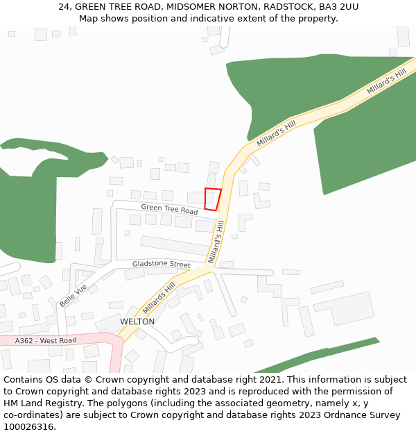 24, GREEN TREE ROAD, MIDSOMER NORTON, RADSTOCK, BA3 2UU: Location map and indicative extent of plot