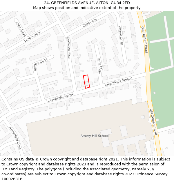 24, GREENFIELDS AVENUE, ALTON, GU34 2ED: Location map and indicative extent of plot