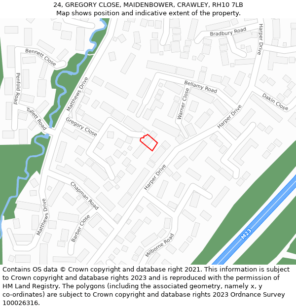 24, GREGORY CLOSE, MAIDENBOWER, CRAWLEY, RH10 7LB: Location map and indicative extent of plot